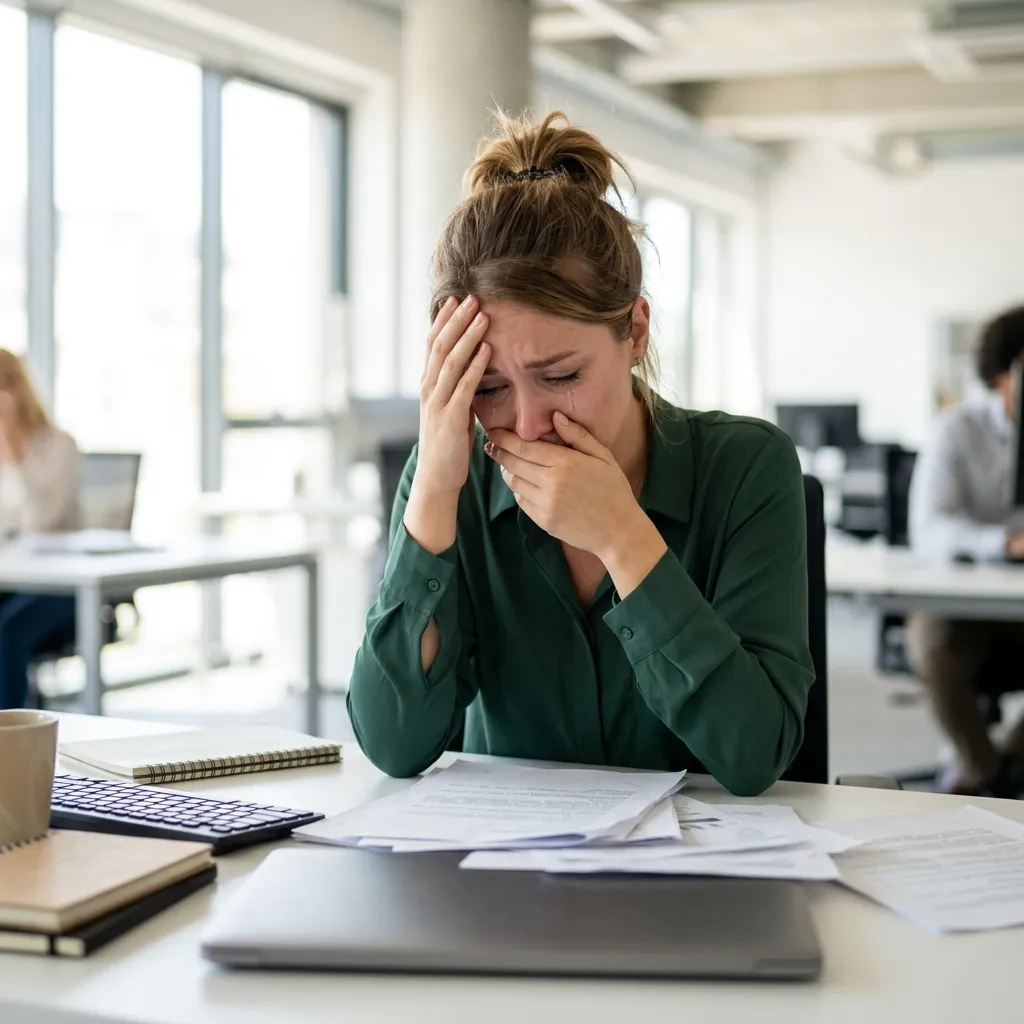 Distressed woman at office desk with hand covering mouth